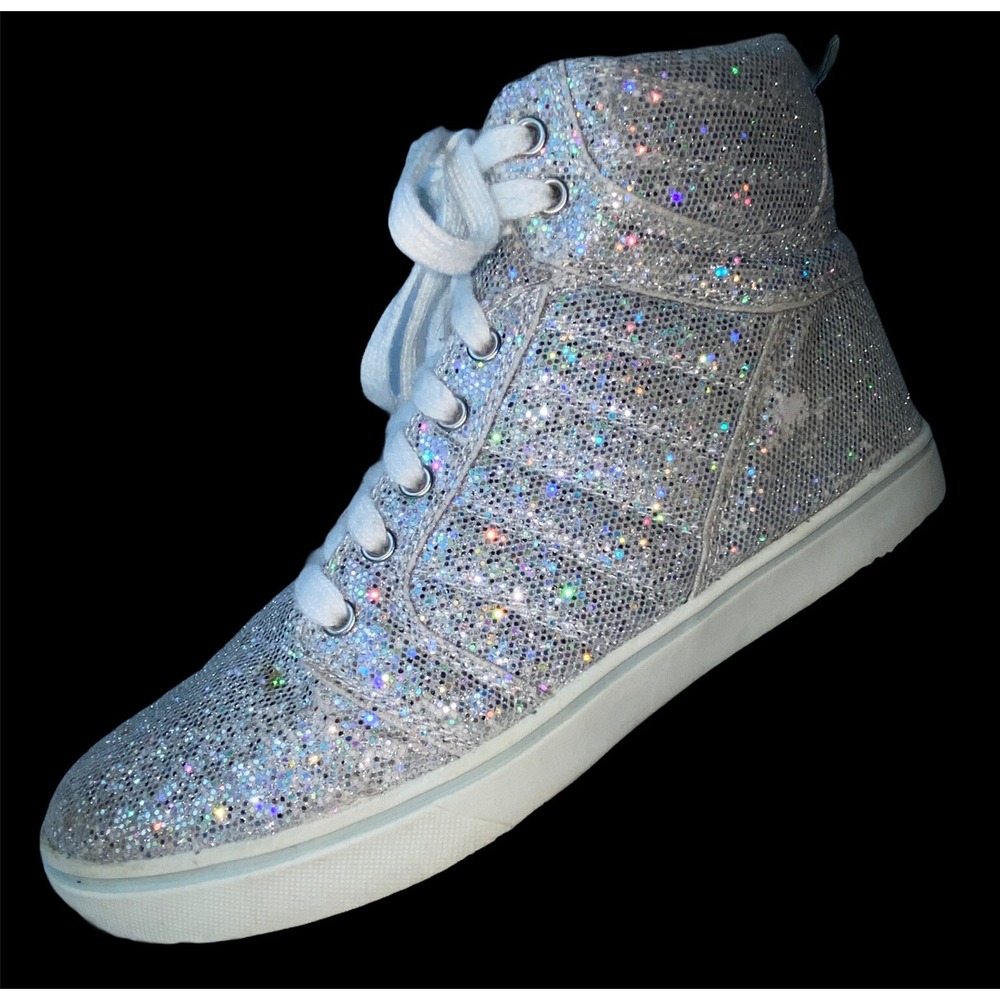 Op Sparkly Glitter High Top Shoes‎ Sneakers Mens 6 Womens 8 Silver Iridescent